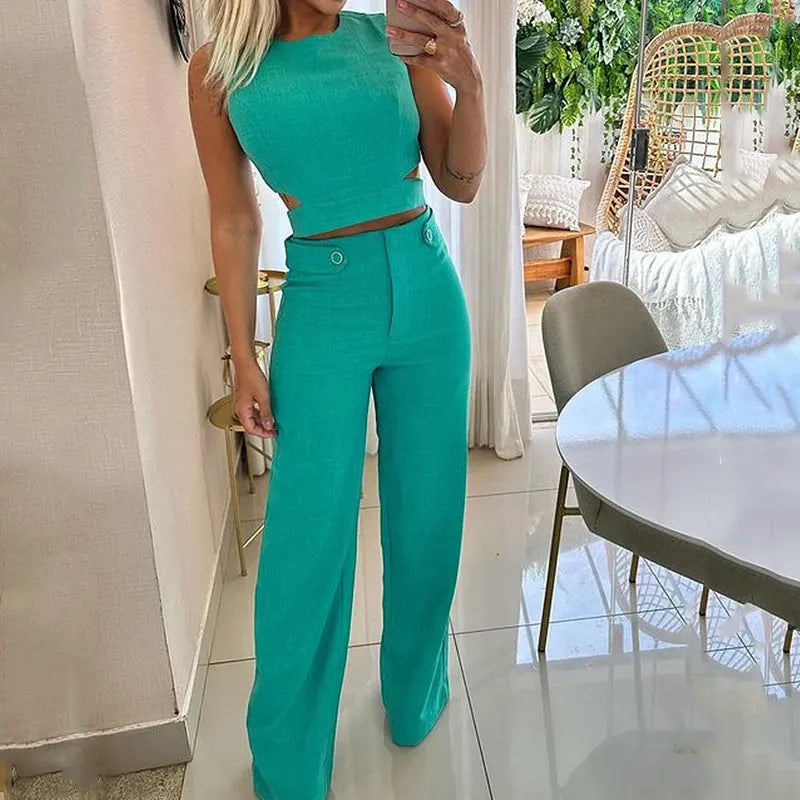 Jana - Elegant cropped top with high waist and long pants suit