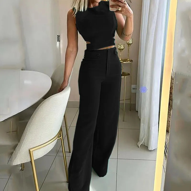 Jana - Elegant cropped top with high waist and long pants suit